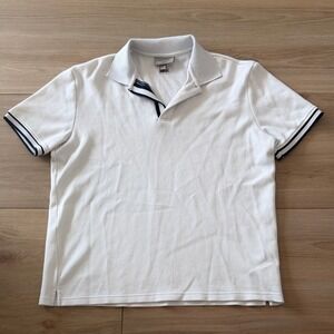 ICONDENIM Mens White Pique Polo Shirt Short Sleeve Navy Striped Trim XL
